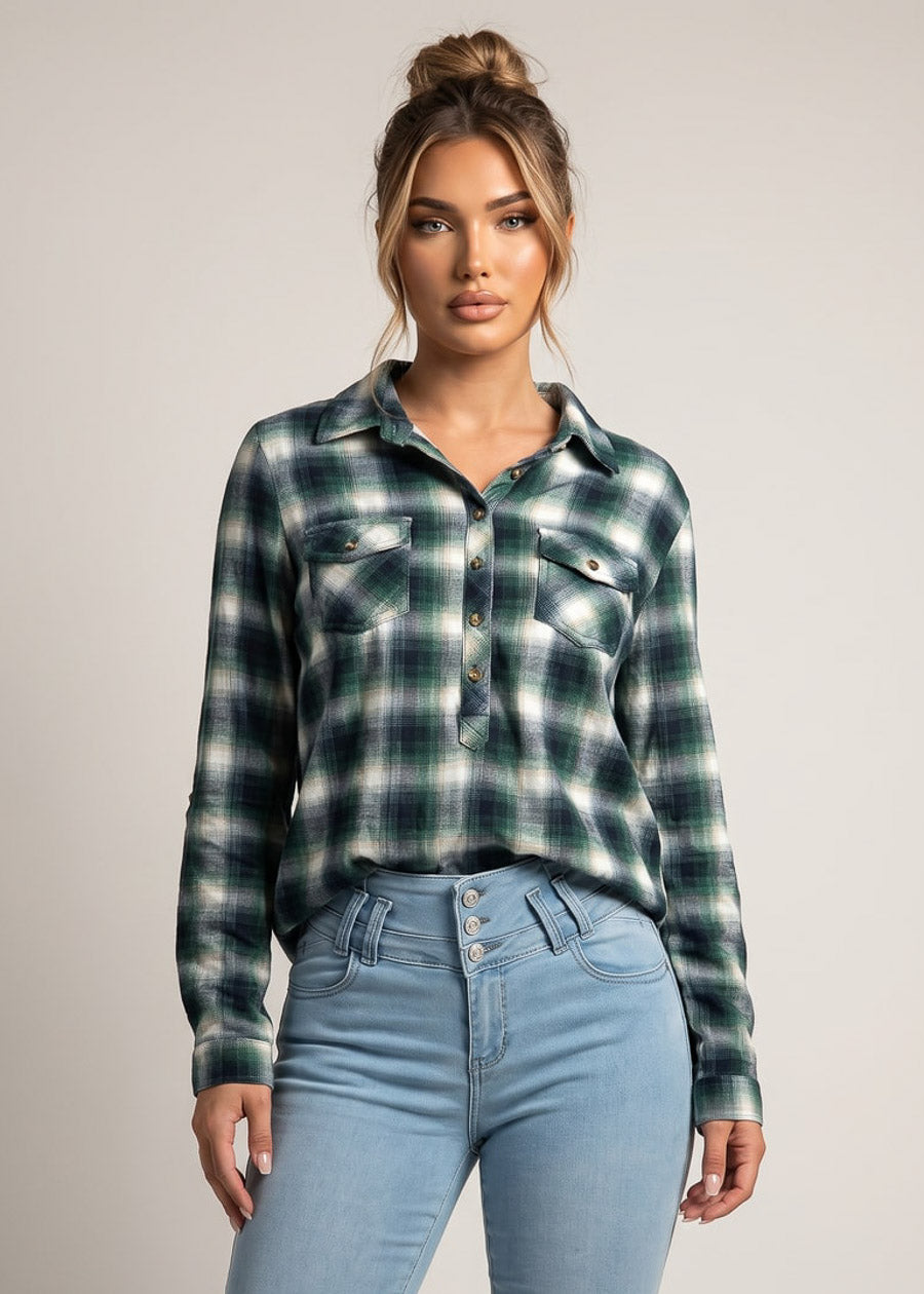 Long Sleeve Button Up Stretch Plaid Collared Blouse Navy & Green