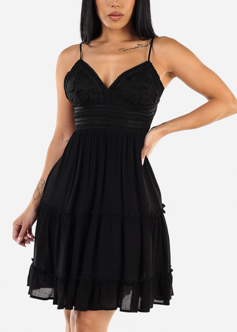 Black Sleeveless Tiered Cami Mini Dress