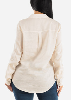 Linen Long Sleeve Button Up Shirt Beige