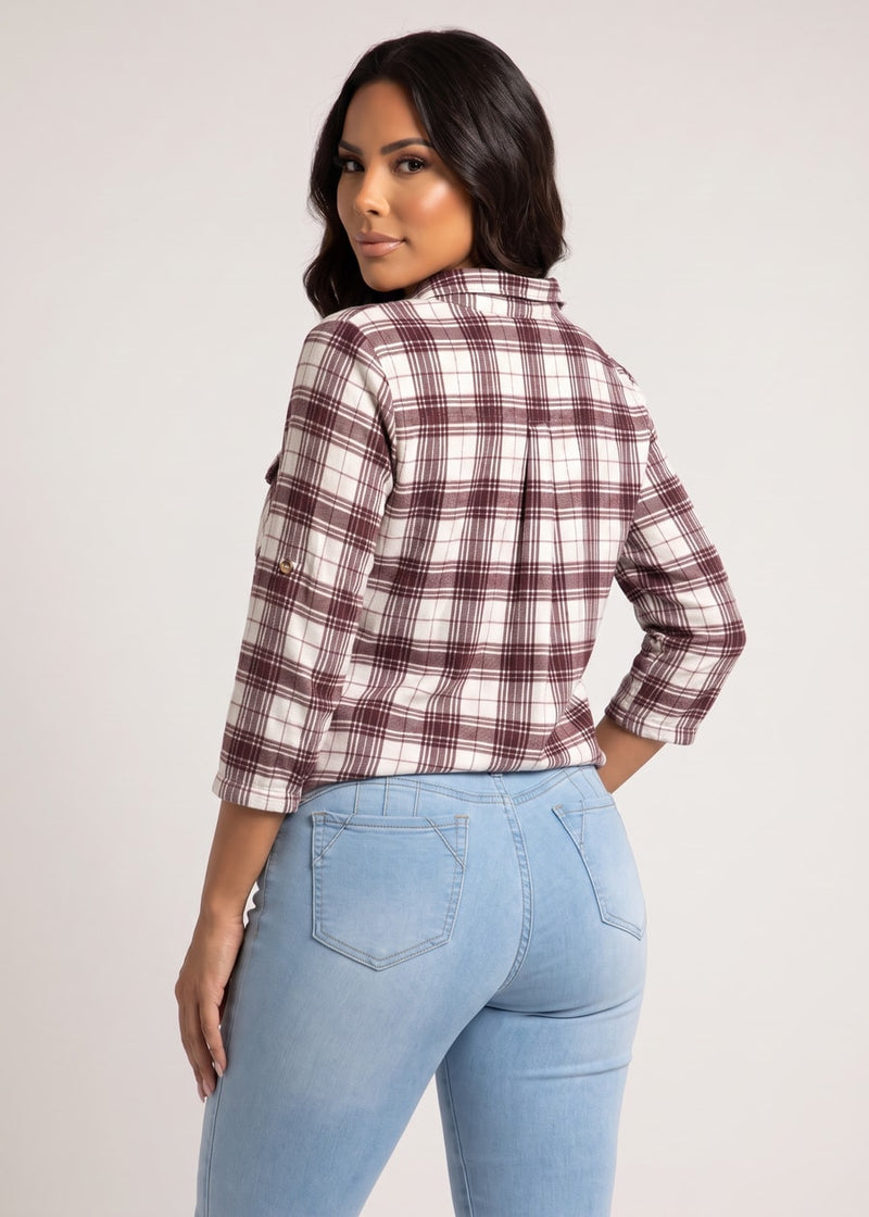Quarter Sleeve Button Up Stretch Plaid Collared Blouse Ivory & Rose Chocolate