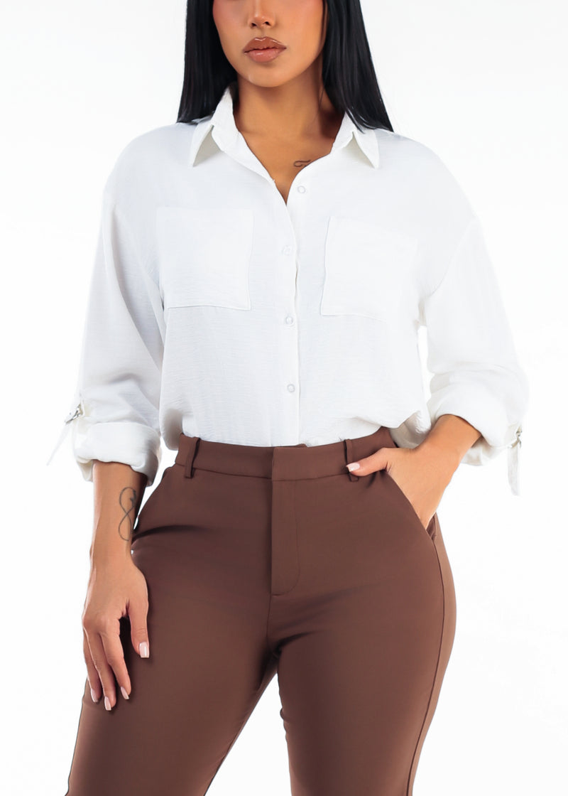 Long Sleeve White Button Up Collared Blouse White