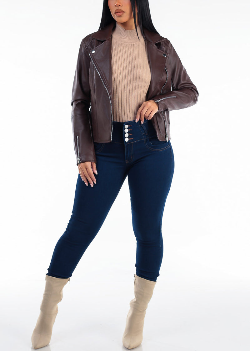 Long Sleeve Zip Up Vegan Leather Moto Jacket Brown
