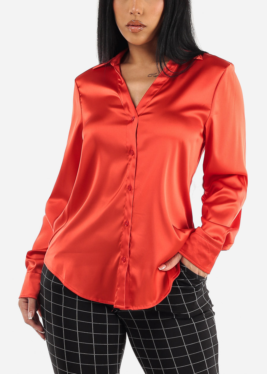 Long Sleeve Button Down Satin Tunic Shirt Red