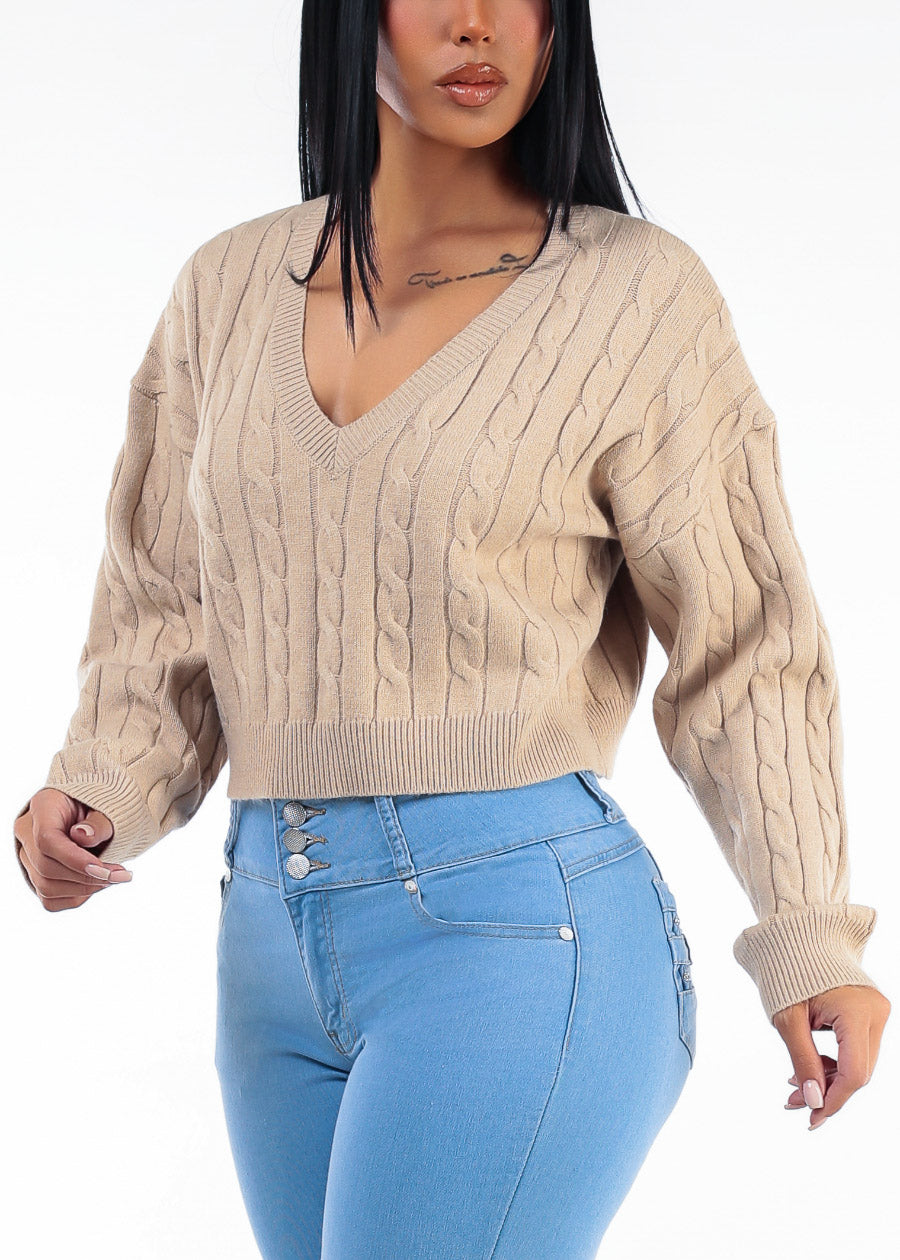 Oversized Long Sleeve Vneck Cable Knit Sweater Khaki