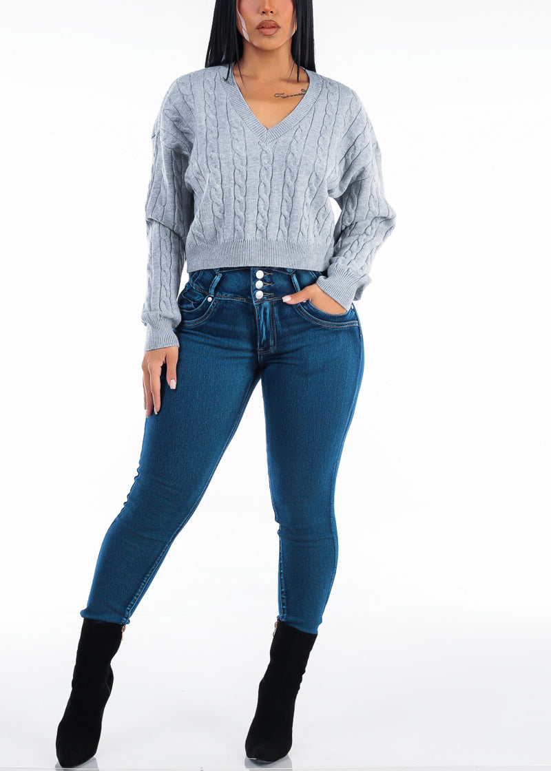 Oversized Long Sleeve Vneck Cable Knit Sweater Grey