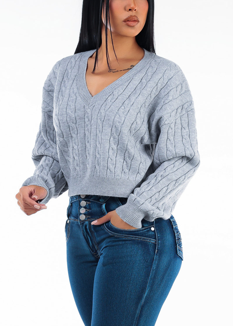 Oversized Long Sleeve Vneck Cable Knit Sweater Grey