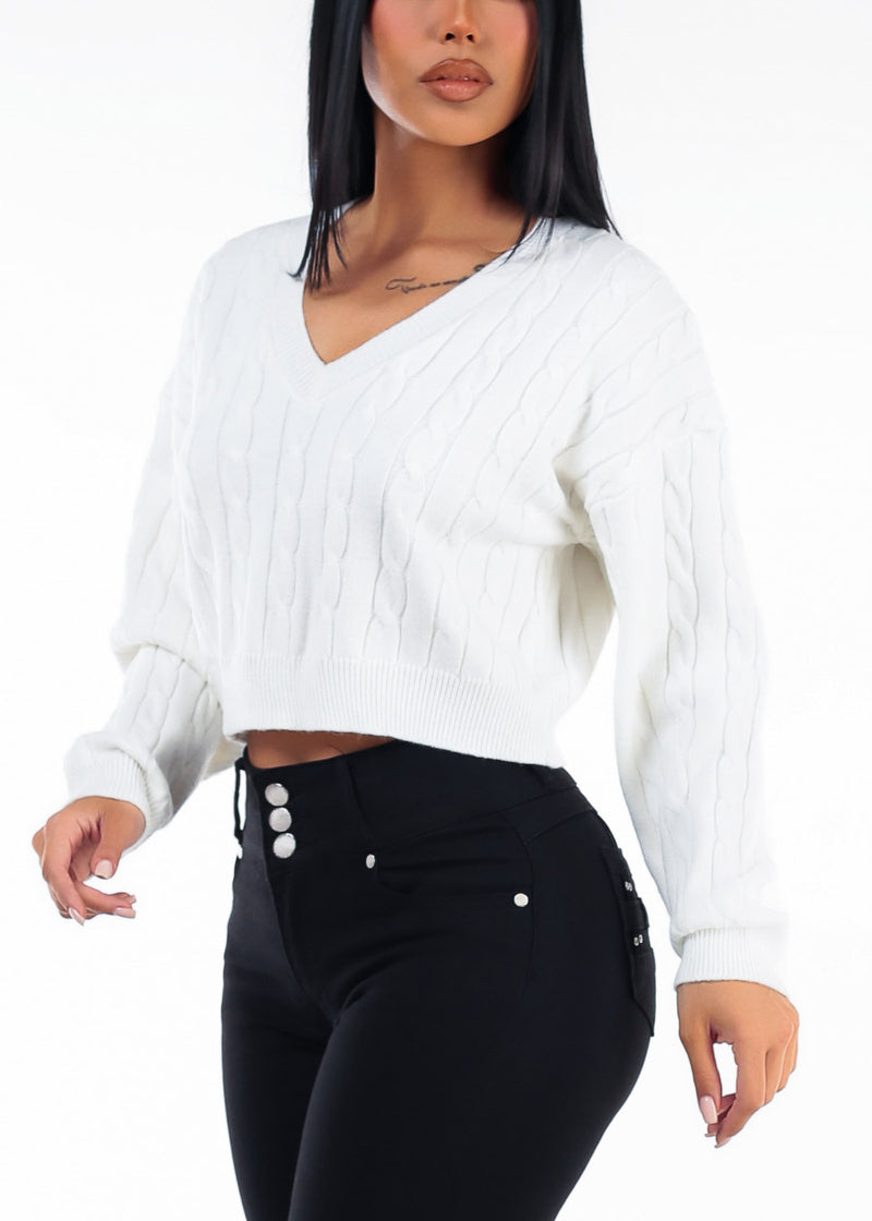 Oversized Long Sleeve Vneck Cable Knit Sweater Ivory