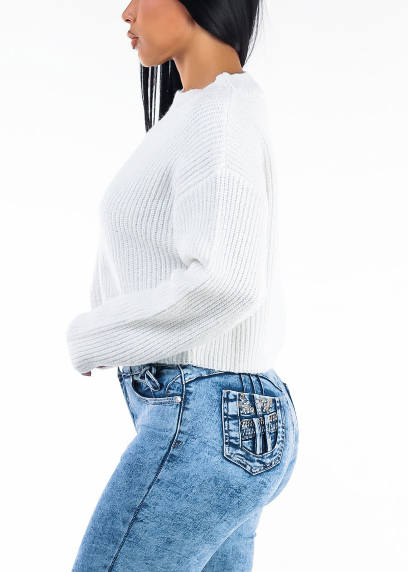 Long Sleeve Oversized Mock Neck Knitted Sweater Ivory