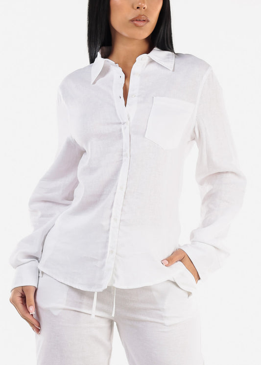 White Linen Long Sleeve Button Up Shirt