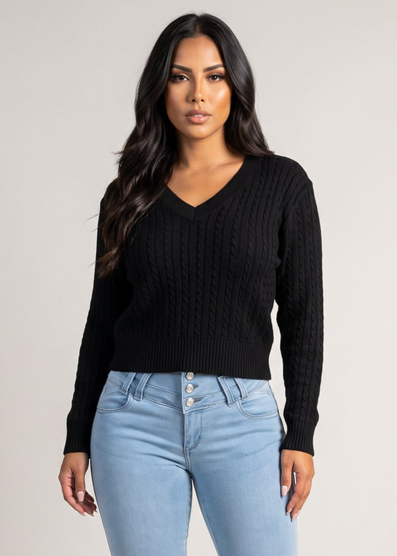 Vneck Long Sleeve Cable Knit Sweater Black