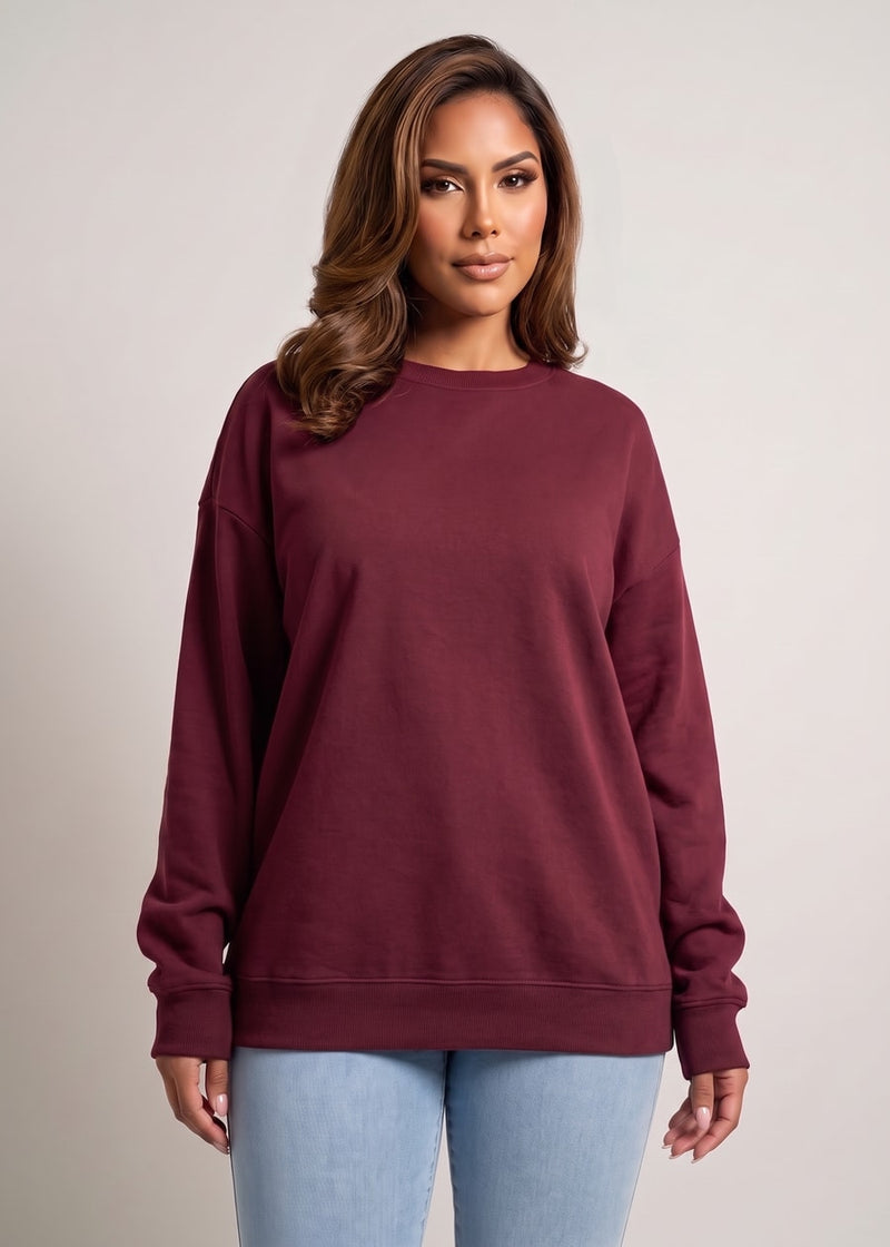 Long Sleeve Crewneck Fleece Oversized Sweatshirt Burgundy
