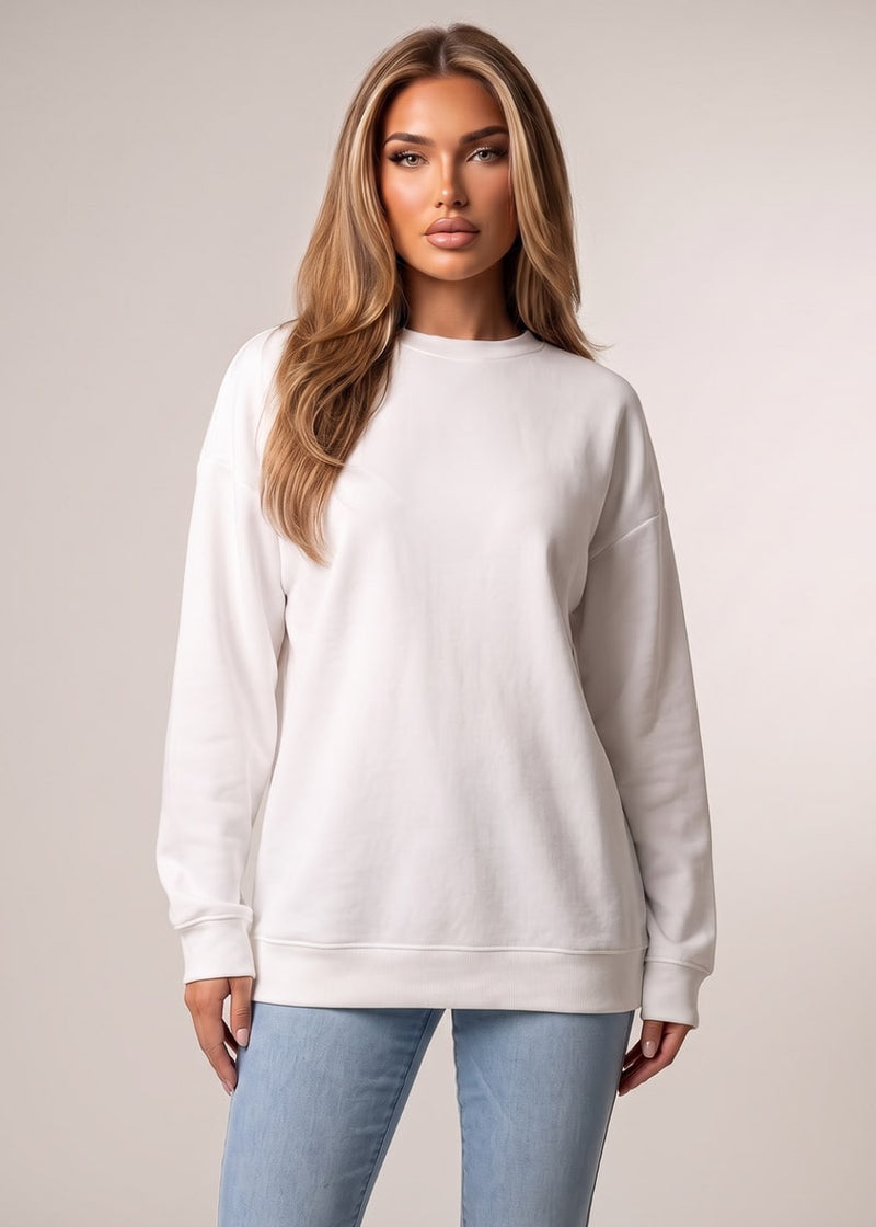Long Sleeve Crewneck Fleece Oversized Sweatshirt White