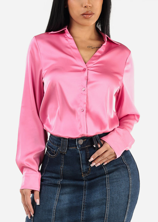 Long Sleeve Button Down Satin Tunic Shirt Hot Pink