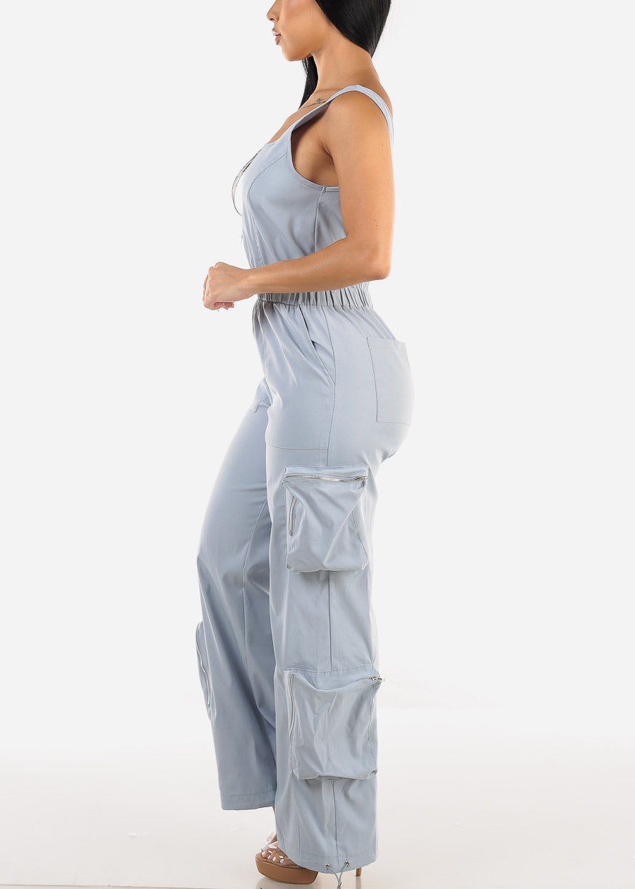 Sleeveless Wide Legged Cargo Jumpsuit Slate Blue