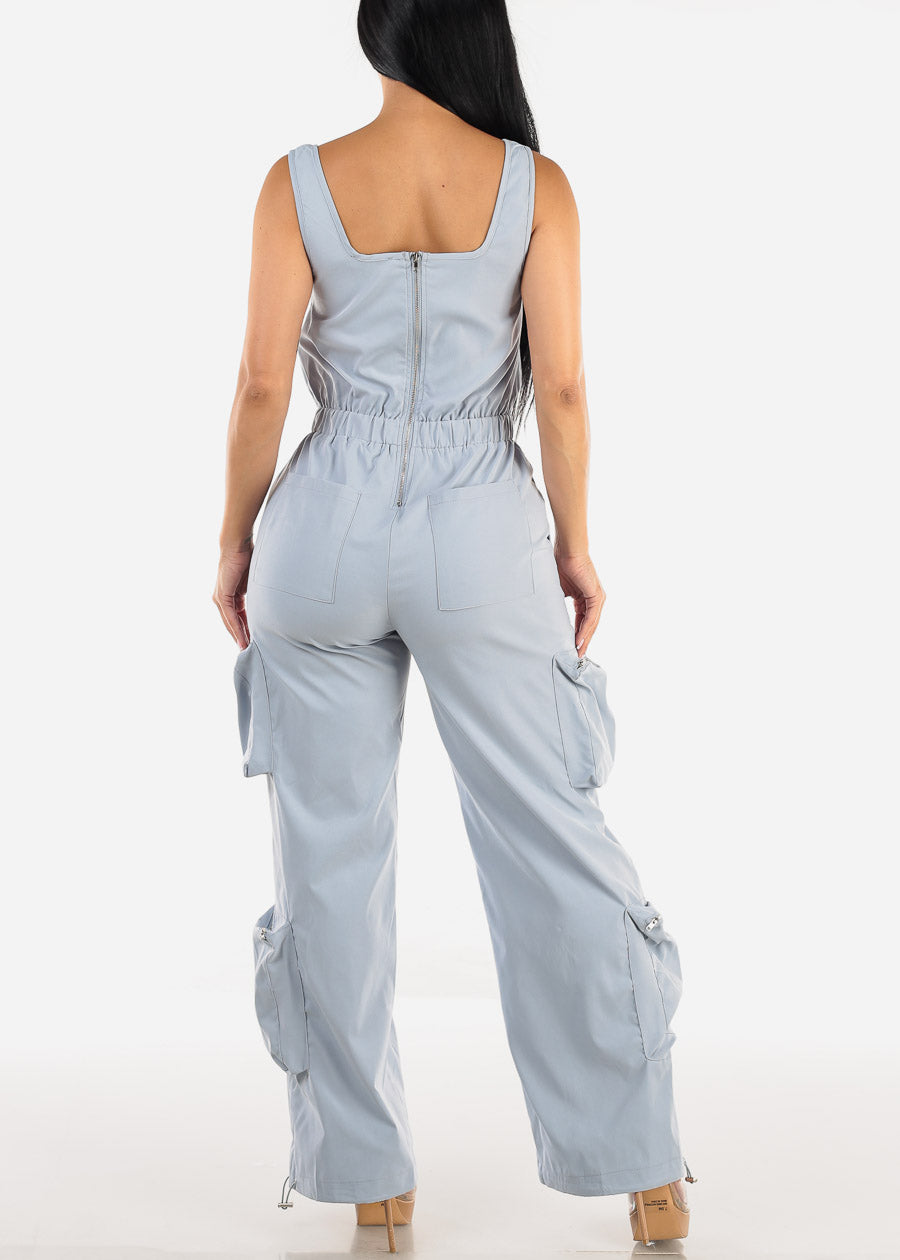 Sleeveless Wide Legged Cargo Jumpsuit Slate Blue