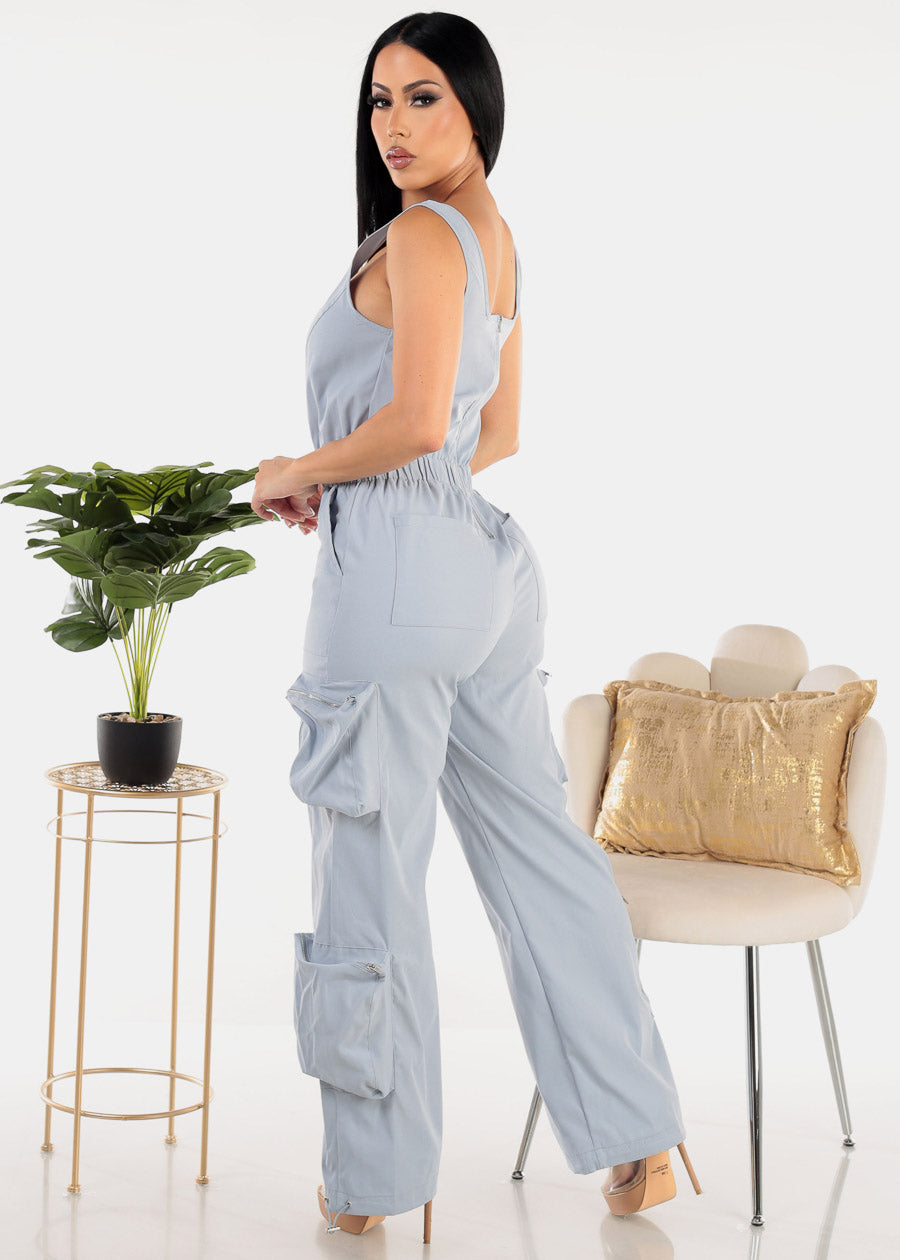 Sleeveless Wide Legged Cargo Jumpsuit Slate Blue