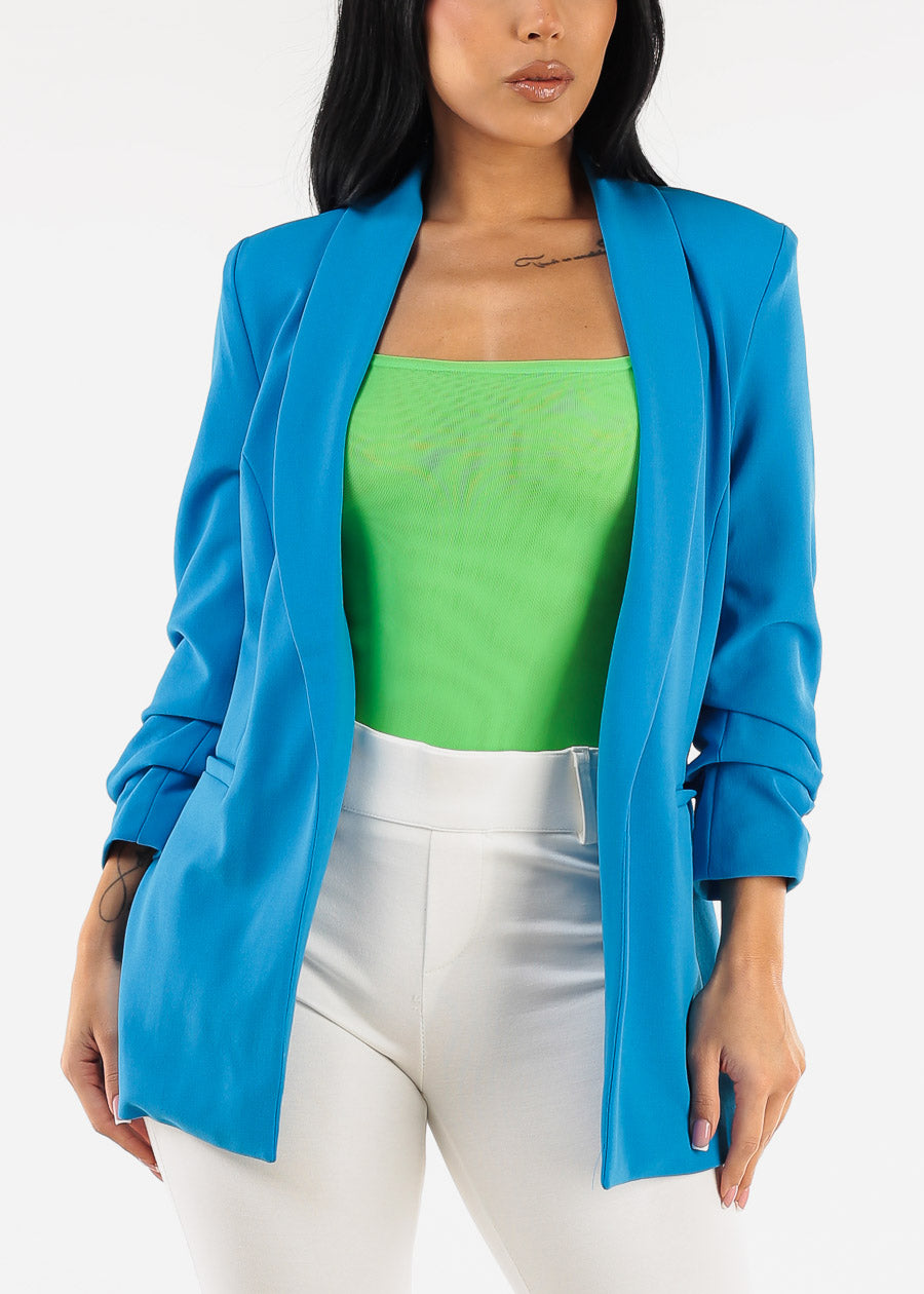 Quarter Sleeve Open Front Blazer Blue