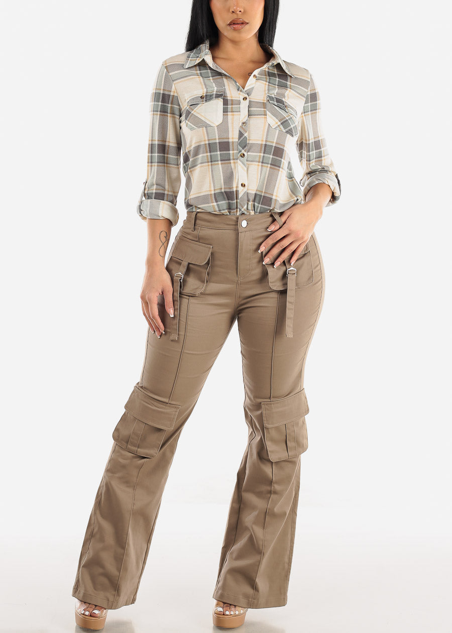 Khaki High Waist Straight Leg Twill Cargo Pants