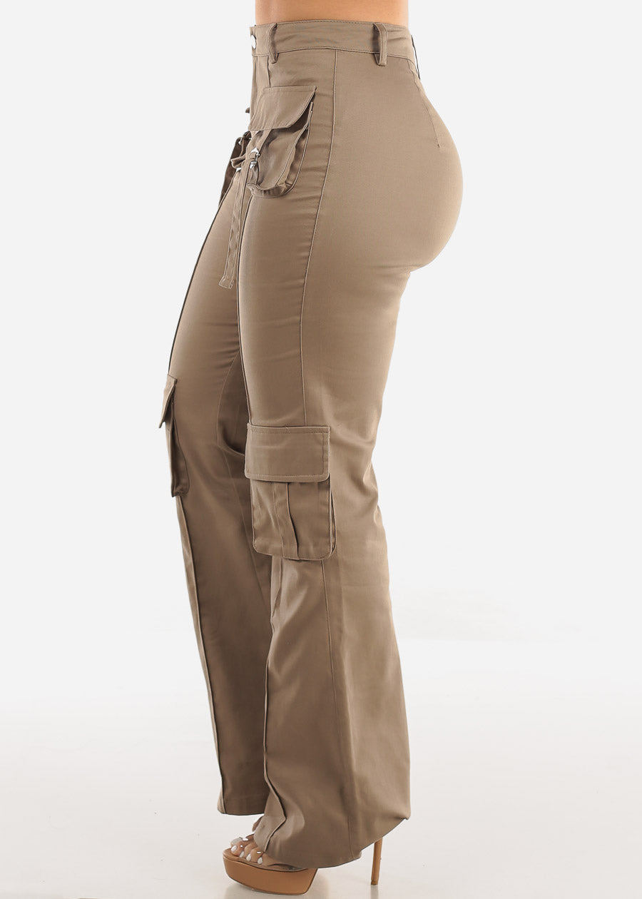 Khaki High Waist Straight Leg Twill Cargo Pants