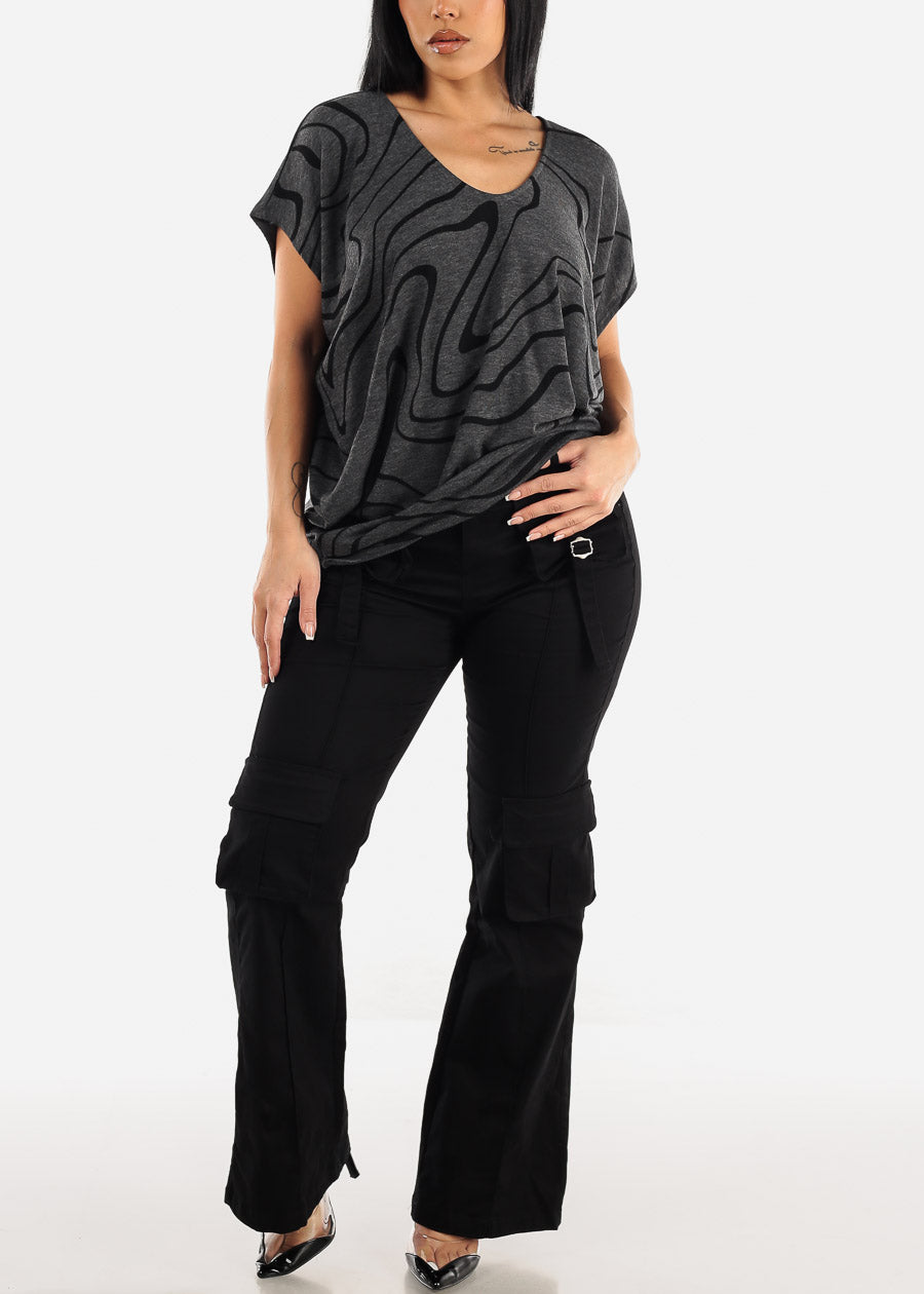 Black High Waist Straight Leg Twill Cargo Pants