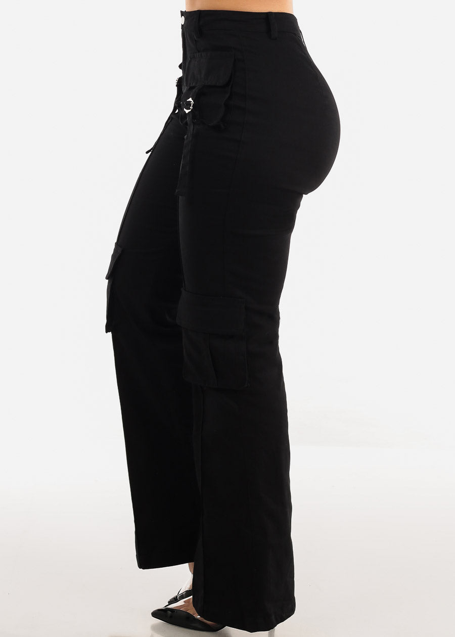 Black High Waist Straight Leg Twill Cargo Pants