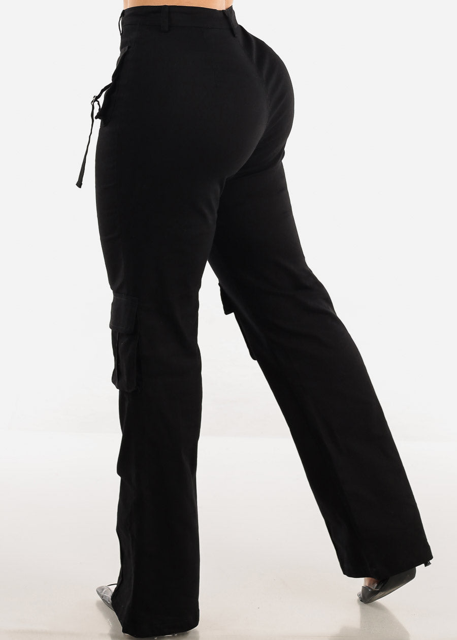 Black High Waist Straight Leg Twill Cargo Pants