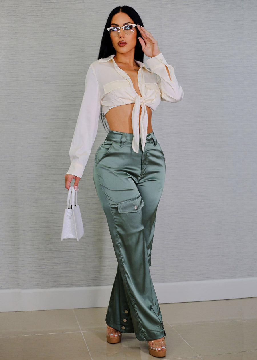 High Waist Wide Leg Satin Pants Olive w Multi Pocket