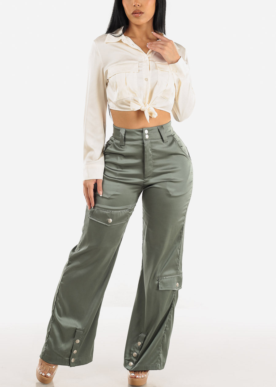 High Waist Wide Leg Satin Cargo Pants Olive