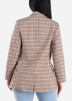 Long Sleeve Open Front Plaid Blazer Brown