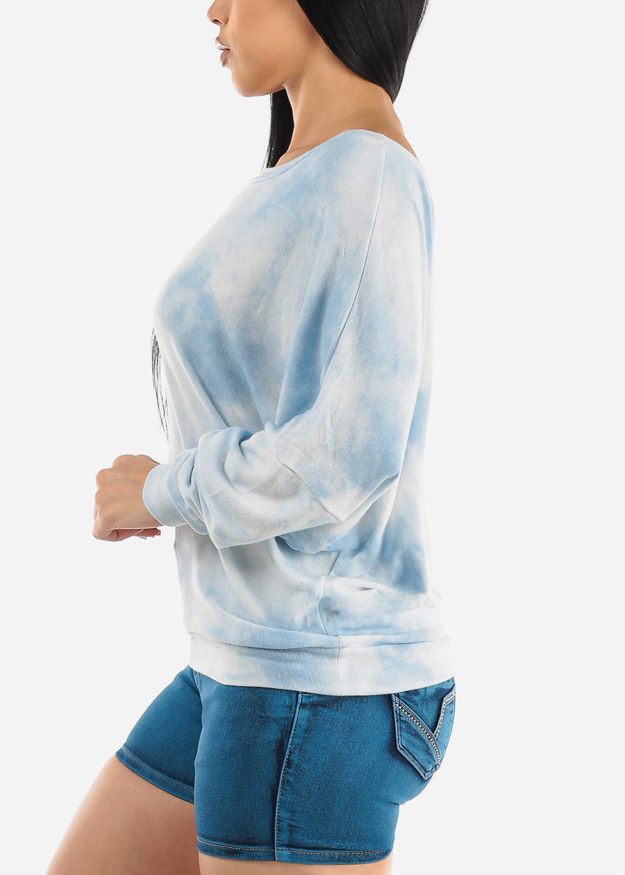 Tie Dye Long Sleeve Dolman Tunic Top Blue