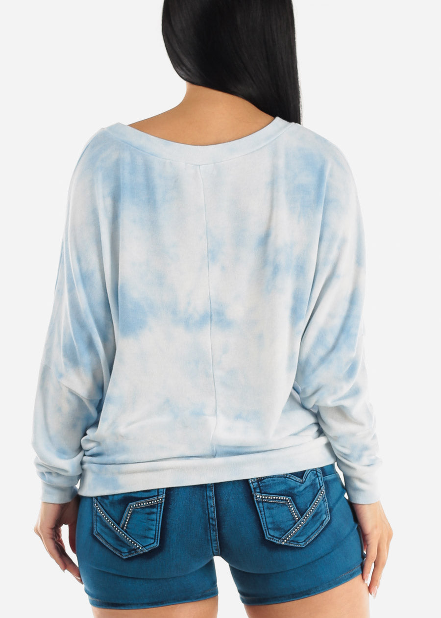 Tie Dye Long Sleeve Dolman Tunic Top Blue