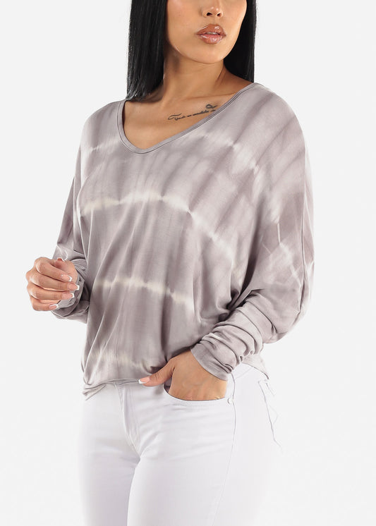 Long Dolman Sleeve VNeck Tie Dye Tunic Top Grey