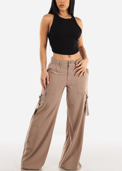 High Waisted Wide Leg Cargo Pants Taupe