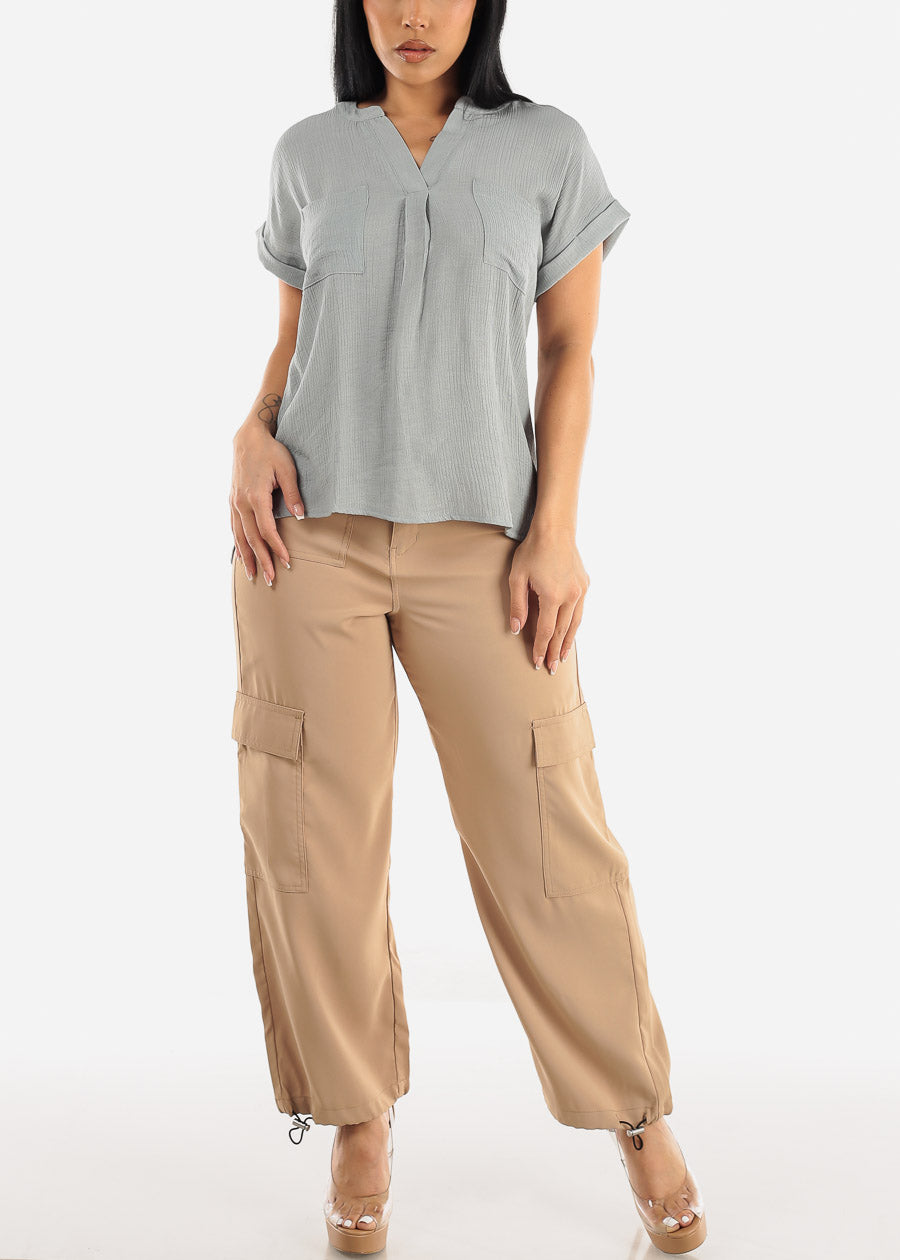 Super High Rise Spandex Waist Bungee Cargo Pants Khaki