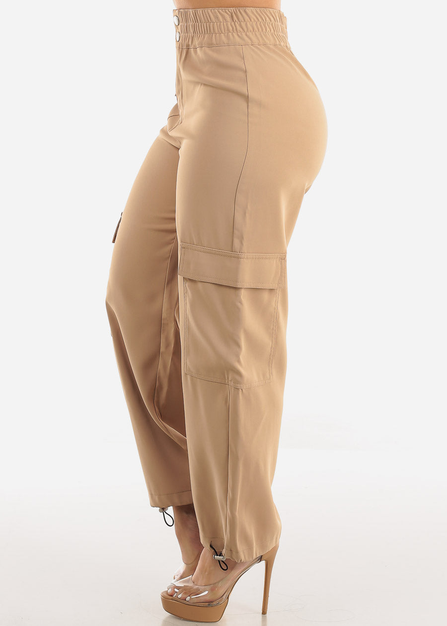 Super High Rise Spandex Waist Bungee Cargo Pants Khaki