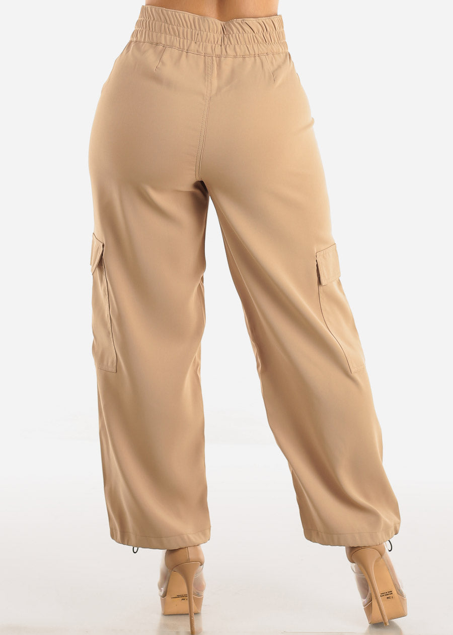 Super High Rise Spandex Waist Bungee Cargo Pants Khaki