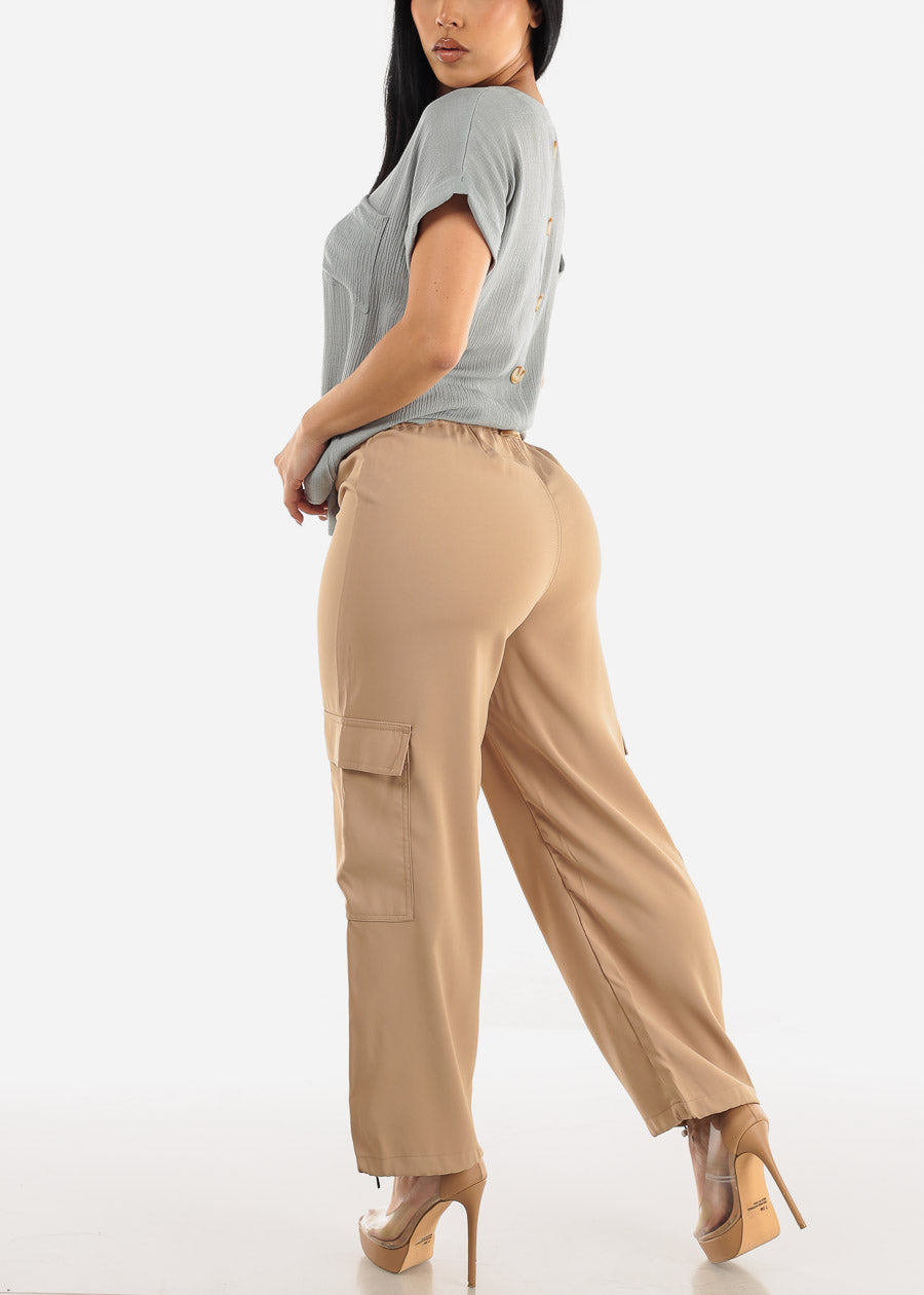 Super High Rise Spandex Waist Bungee Cargo Pants Khaki