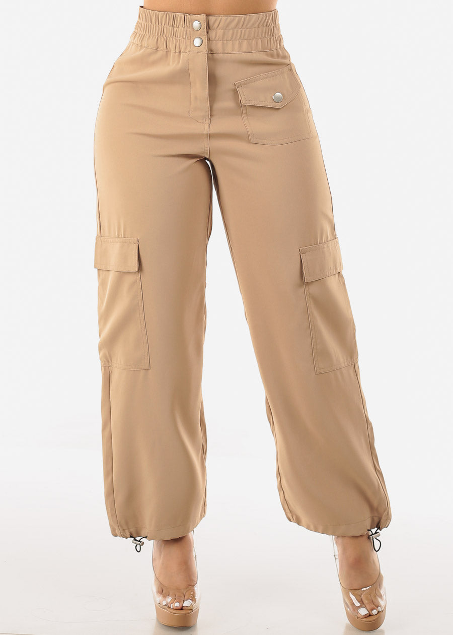 Super High Rise Spandex Waist Bungee Cargo Pants Khaki