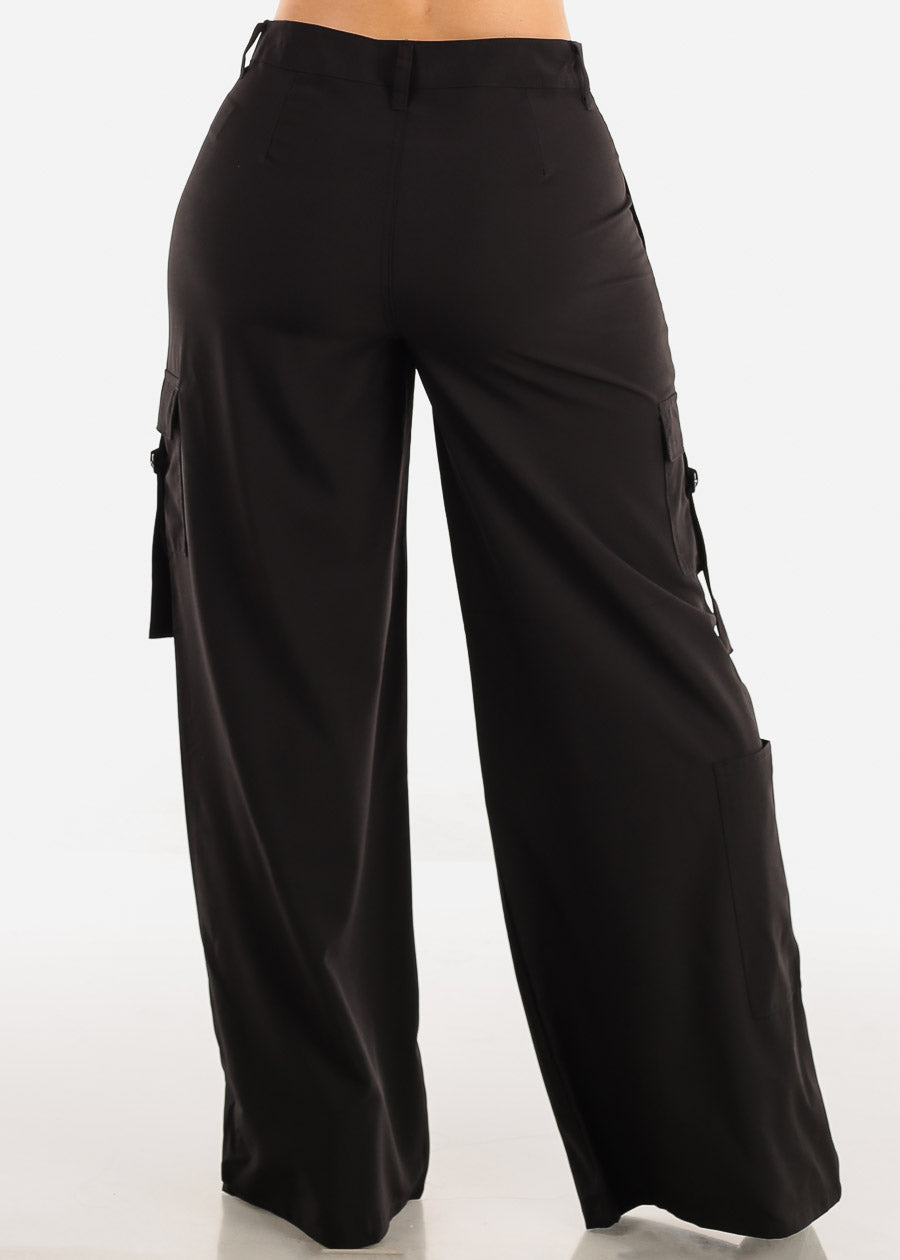 Black High Waisted Wide Leg Cargo Pants