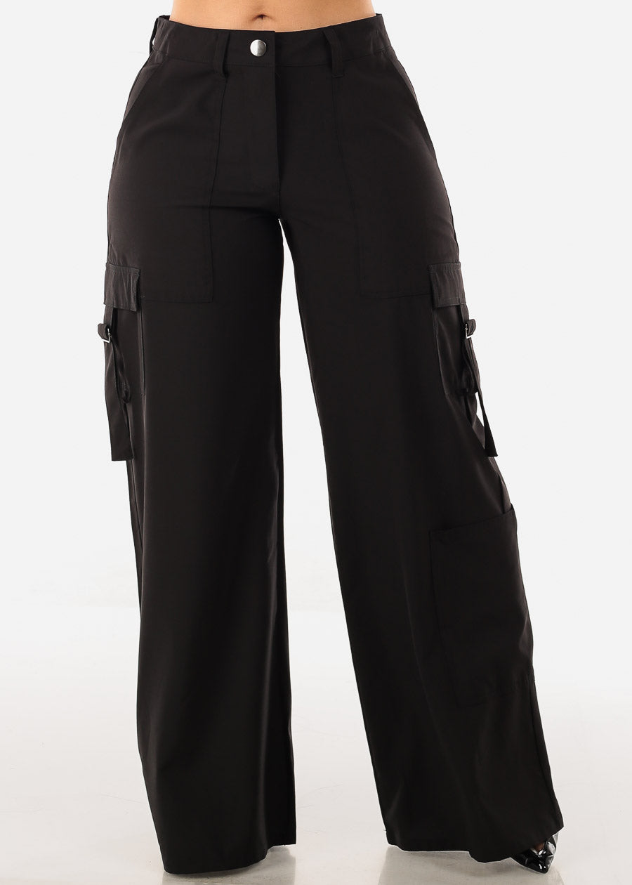 Black High Waisted Wide Leg Cargo Pants