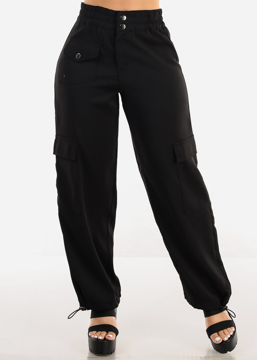 Black Super High Rise Spandex Waist Bungee Cargo Pants