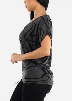 Short Dolman Sleeve Printed Tunic Top Charcoal