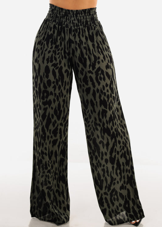 Animal Print Spandex Waist Wide Leg Pants Olive