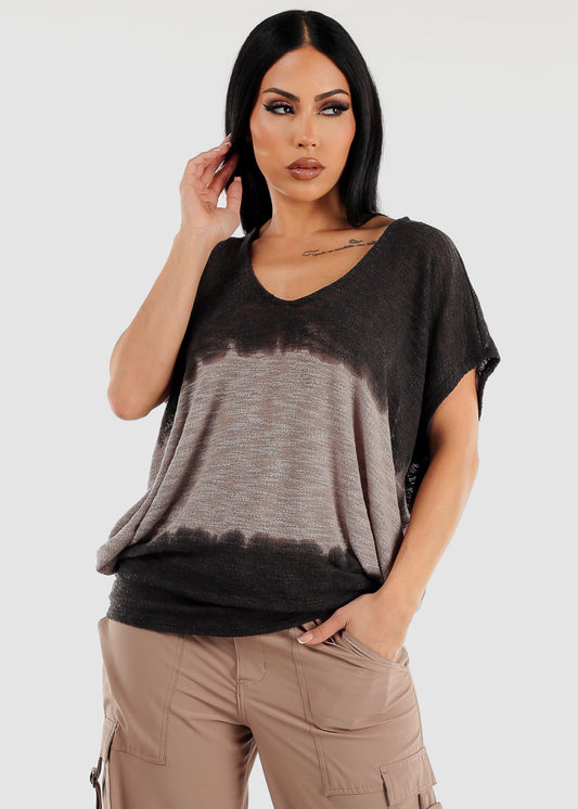 Short Dolman Sleeve Knit Tie Dye Tunic Top Charcoal