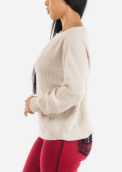 Long Sleeve Soft Knit Boat Neckline Sweater Cream