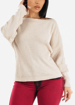 Long Sleeve Soft Knit Boat Neckline Sweater Cream