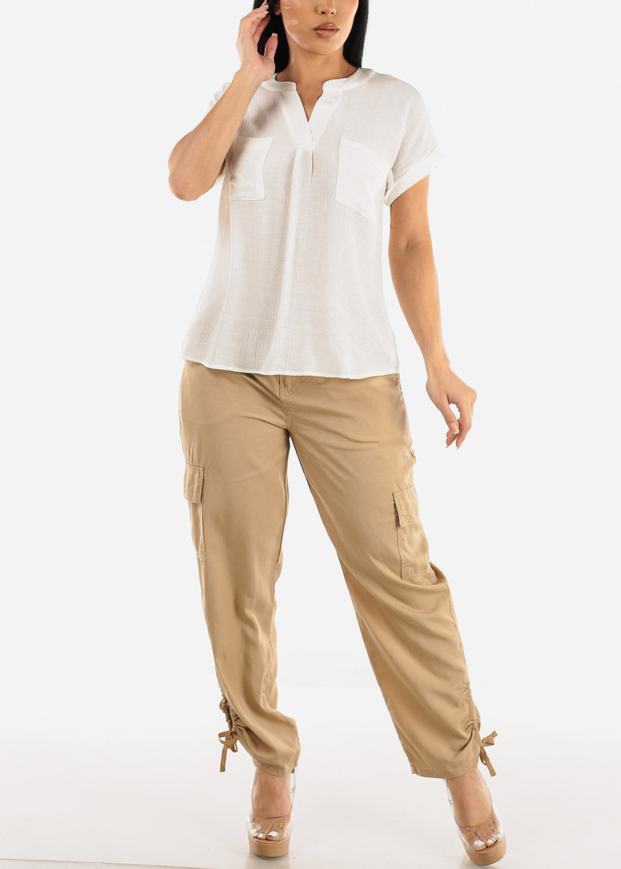 High Rise Spandex Waist Ruched Hem Khaki Cargo Pants