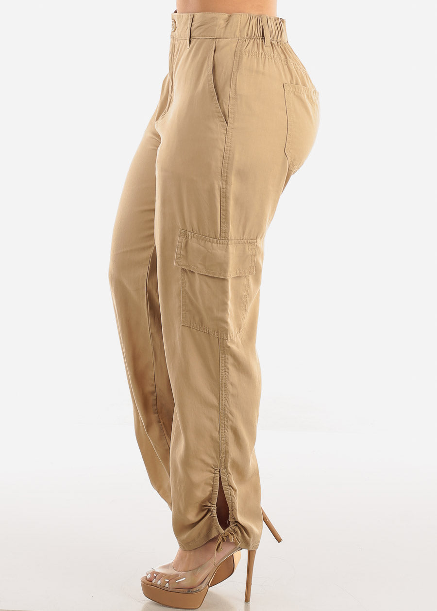 High Rise Spandex Waist Ruched Hem Khaki Cargo Pants