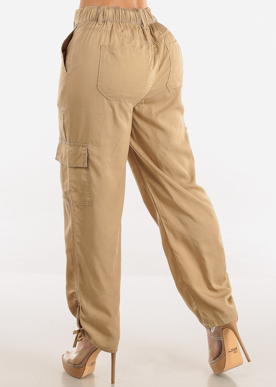 High Rise Spandex Waist Ruched Hem Khaki Cargo Pants