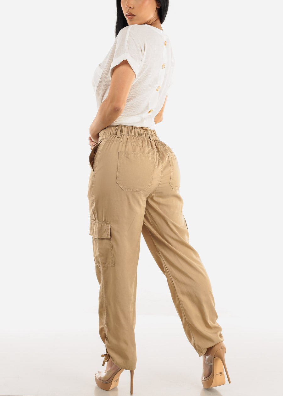 High Rise Spandex Waist Ruched Hem Khaki Cargo Pants